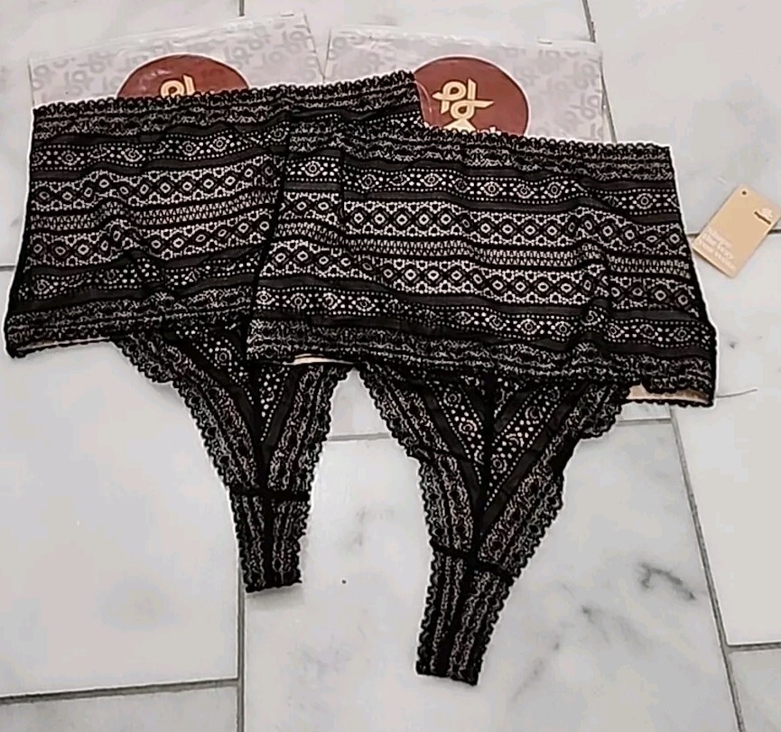 2- Popilush Shapewear Panties High-waisted Underwear Lace Thong Black (XL)