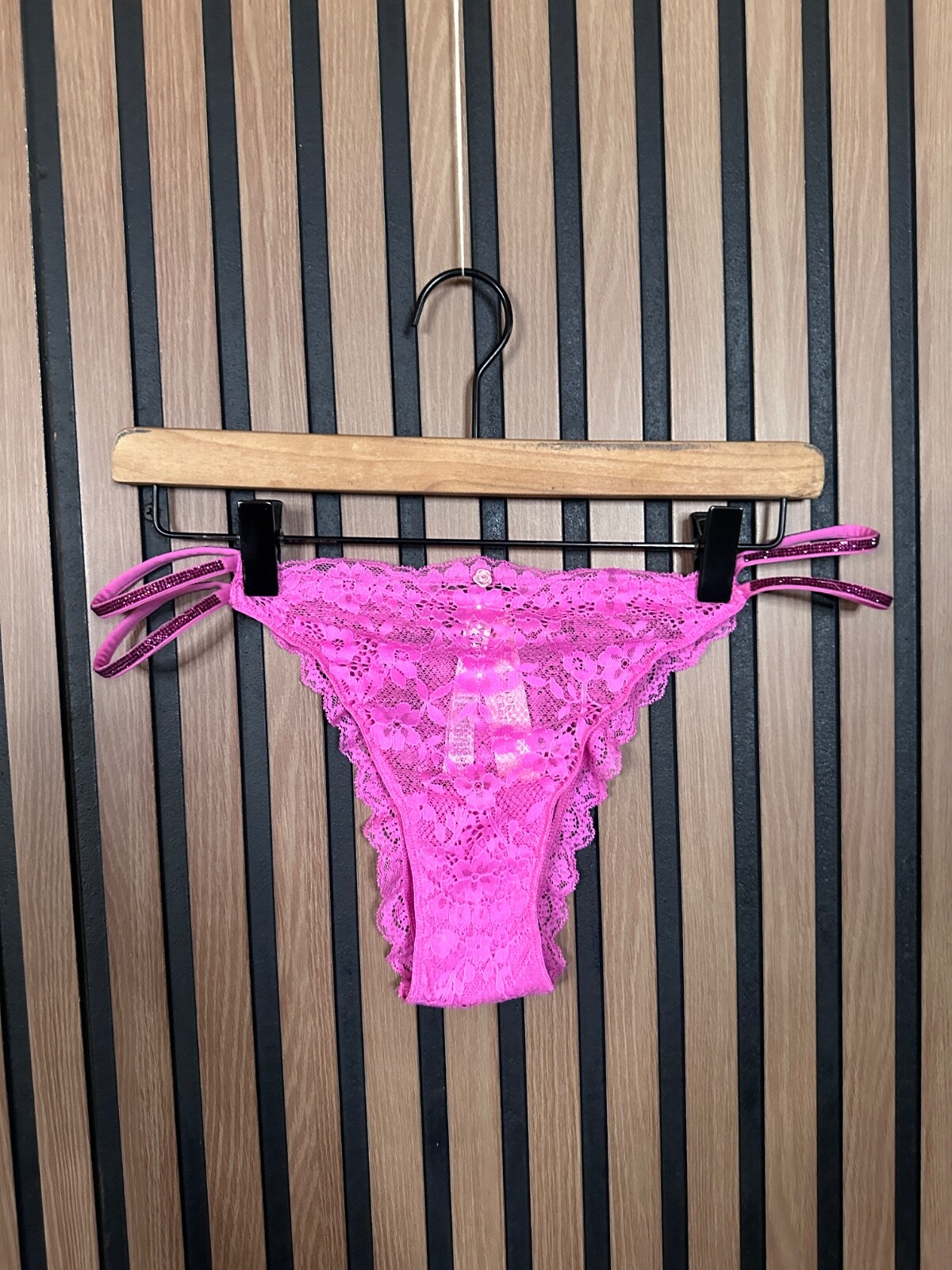New Victorias Secret Panties Large Pink Lace 2 Strap Rhinestone Brazilian Slip