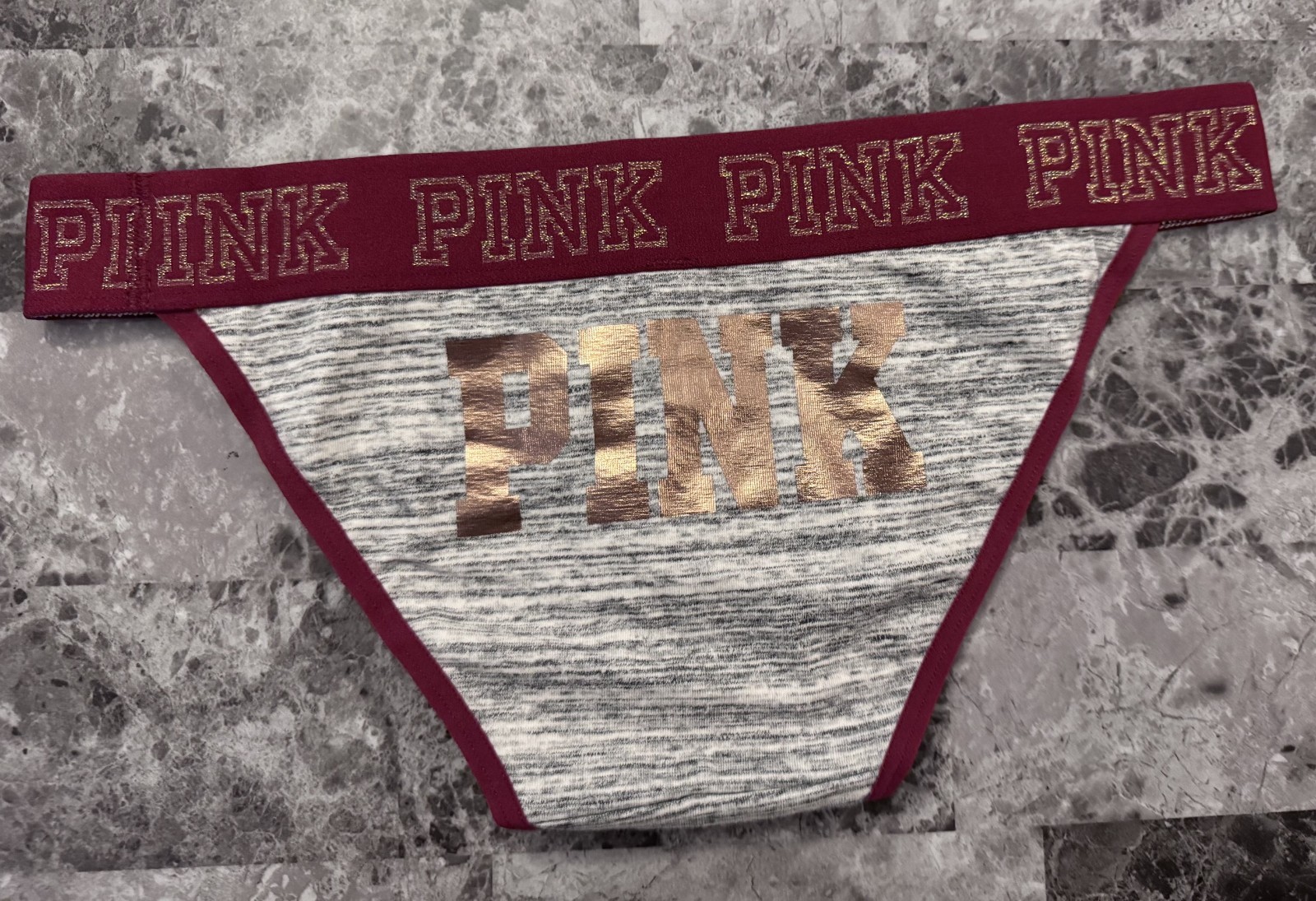 NWOT VICTORIA’S SECRET PINK M GRAY ROSE GOLD LOGO THICK BAND RARE BIKINI PANTIES