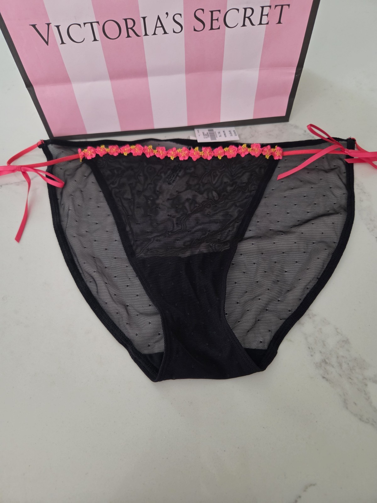 Victoria’s Secret Bikini Panties Lace Mesh Sheer Bow Black Pink 2 Pack Xl