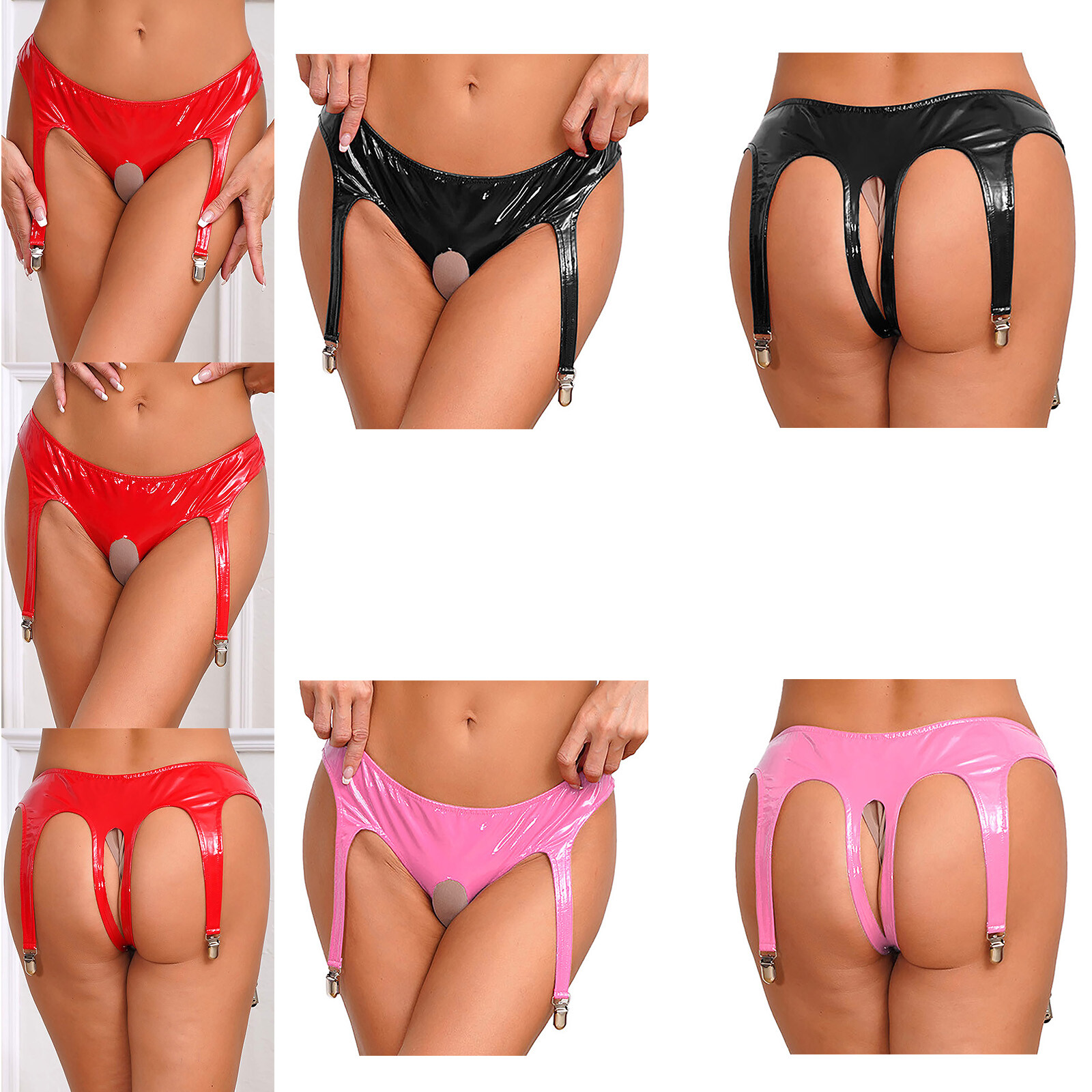 Womens Briefs Open Crotch Underwear Patent Leather Thong Halloween Clubwear
