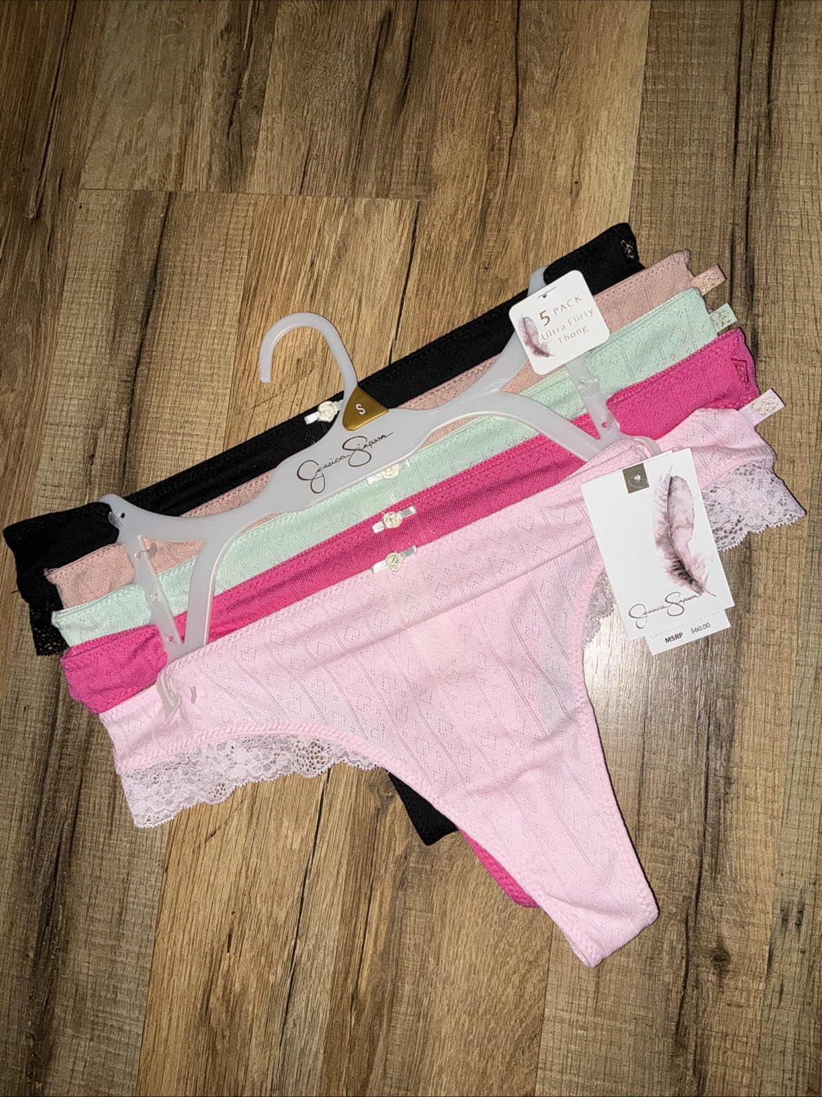 JESSICA SIMPSON JS12090 ULTRA FLIRTY SOFT THONG PANTIES SMALL 5pk NWT $60 Logo