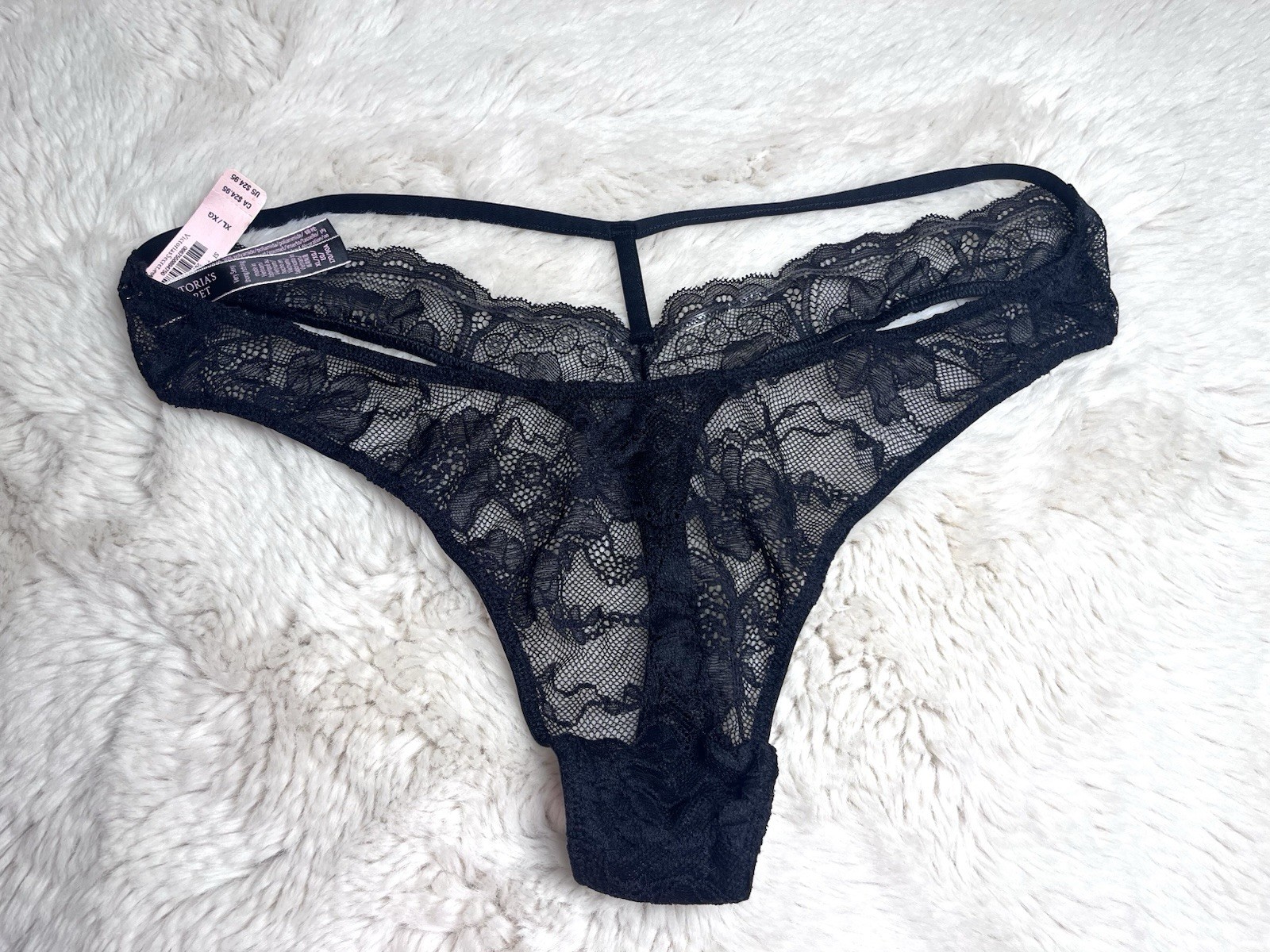 VICTORIA’S SECRET XL BLACK GOLD TRIM LACE V STRING STRAPPY THONG PANTIES NWT