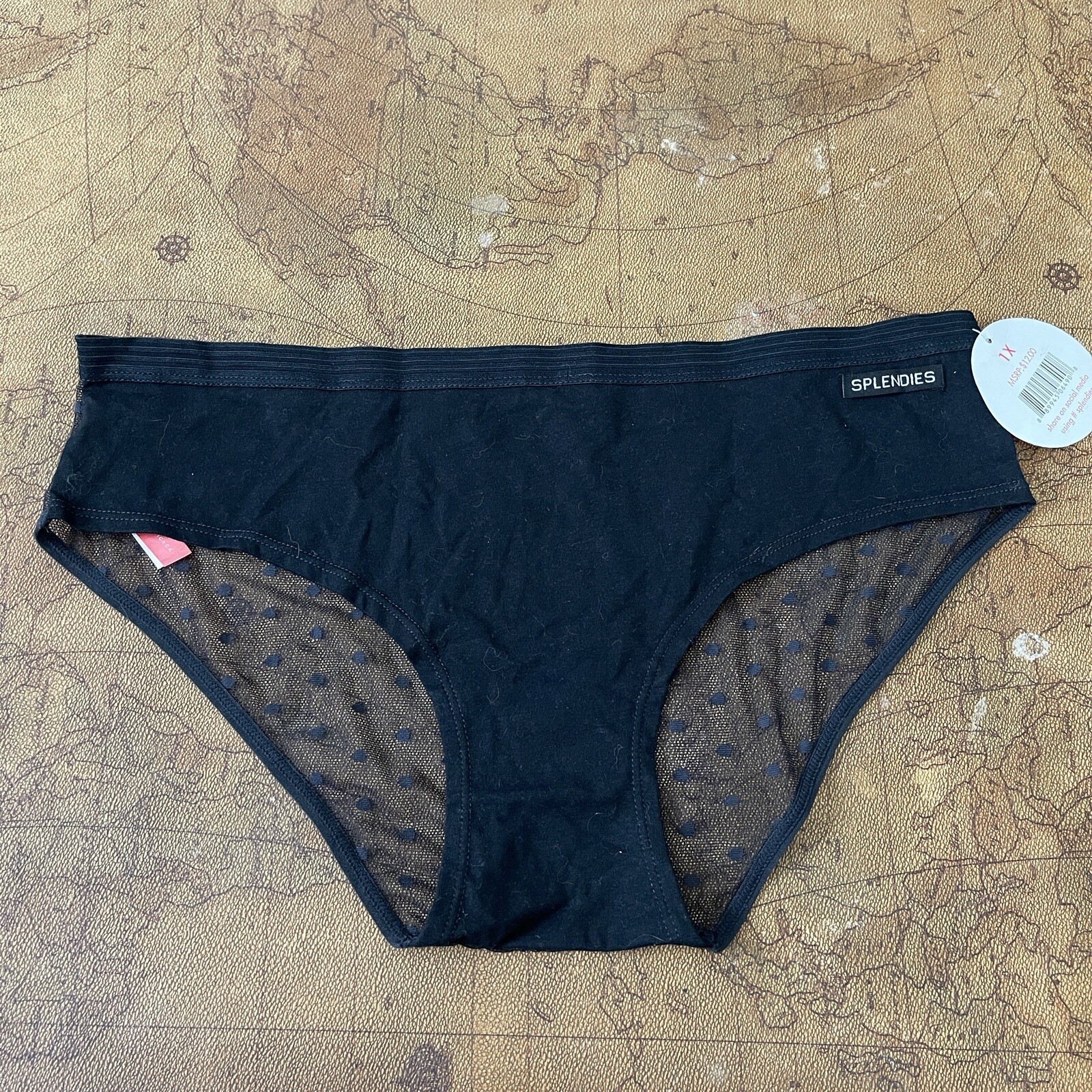 1X – NWT. Splendies. Mesh Polka Dot. Solid Black front. Cotton. Hipster Brief