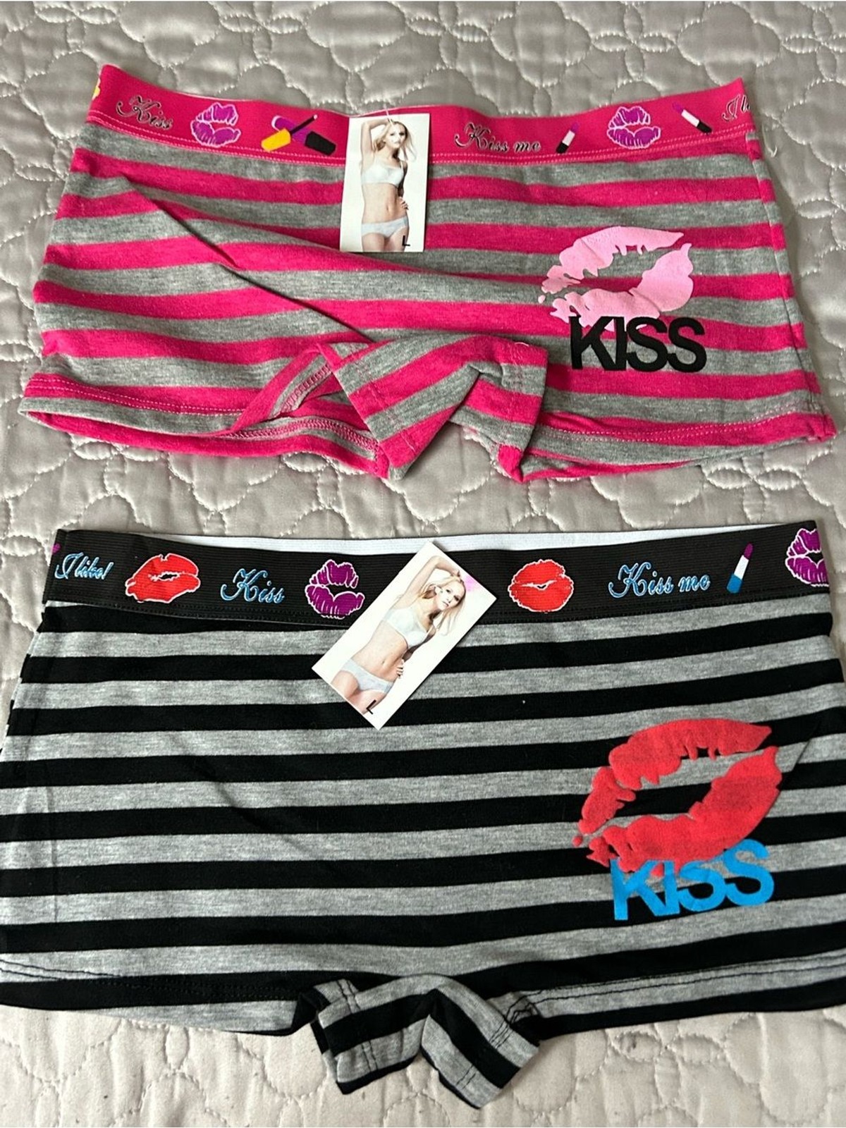 Women’s Striped ‘Kiss’ Boyshorts – Pink/Grey & Black/Grey (2-Pack)