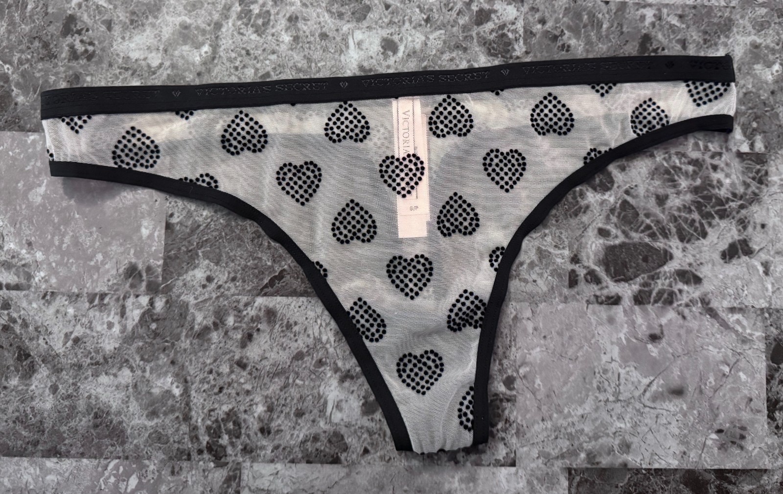 NWT VICTORIA’S SECRET SMALL BLACK VELVET POLKA DOT HEART MESH RARE THONG PANTIES