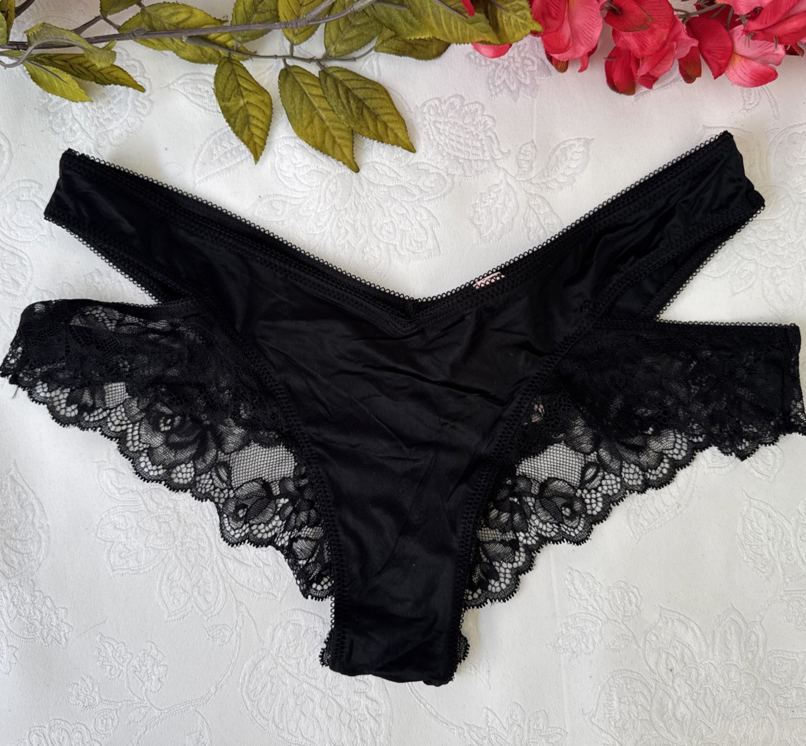 VICTORIA’S SECRET M BLACK SILKY STRAPPY CUT OUT CHEEKY VERY SEXY PANTIES NWT