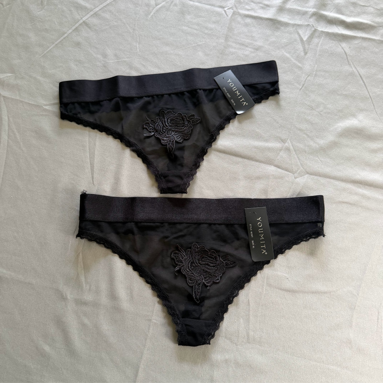 2 Pairs Youmita Woman’s Sheer Embroidered Floral Thong Size X-Large Black New