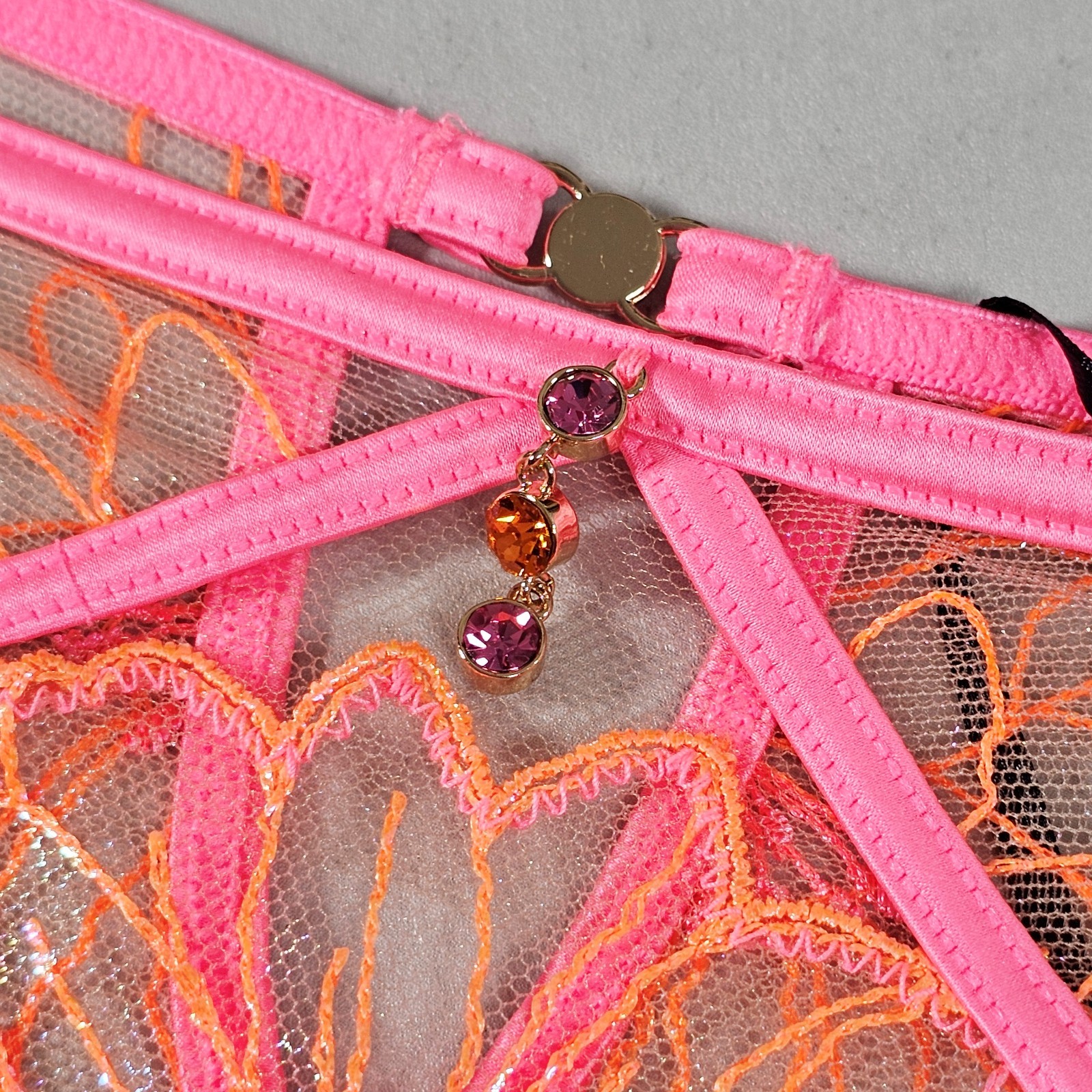 Honey Birdette Lily Neon Pink & Orange Embroidered Floral Thong Panty Size L
