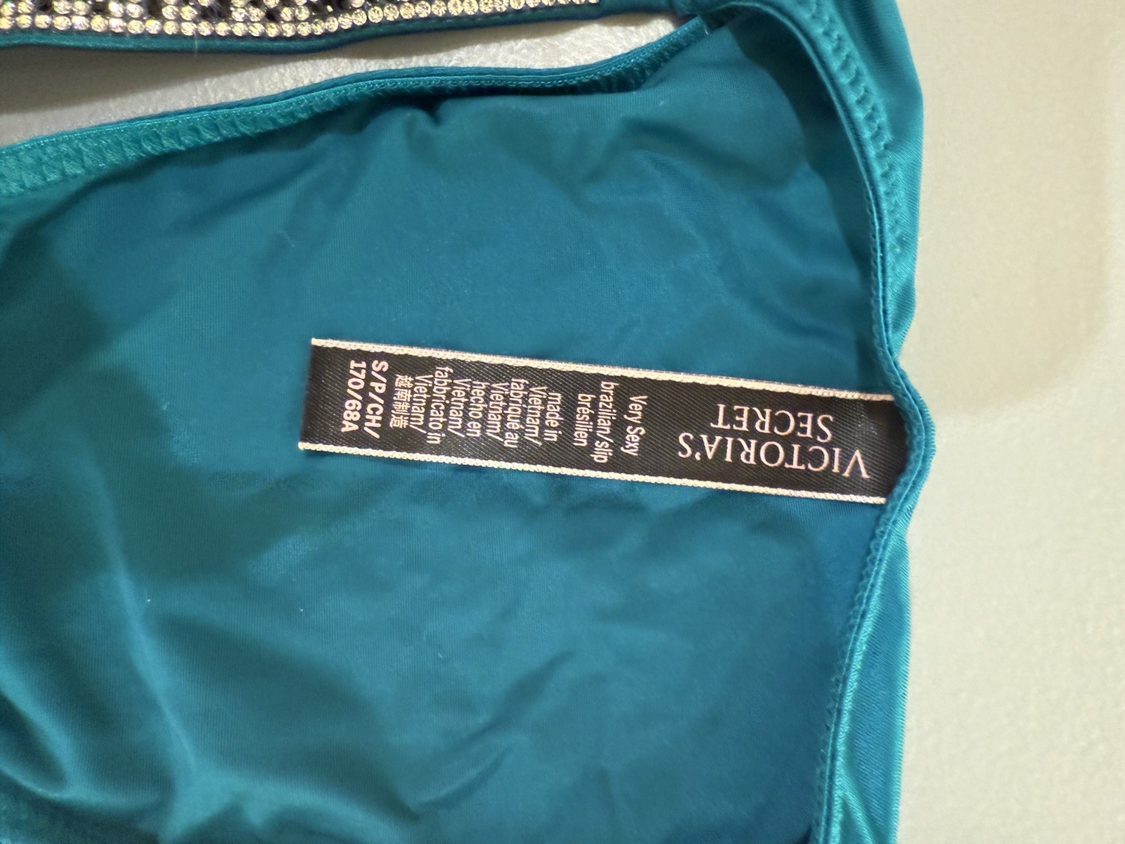 NWOT Victoria’s Secret Teal blue green crystal logo thong Brazilian Panties