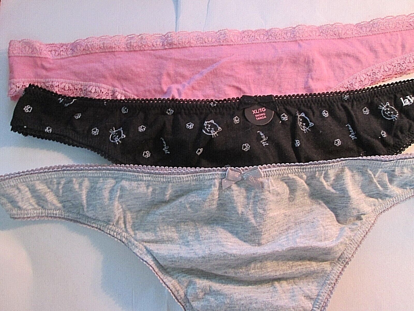 New 3 Cotton Thongs💙la Vie en Rose & H&M💙Size XL💙Black Cat Print, Gray & Pink