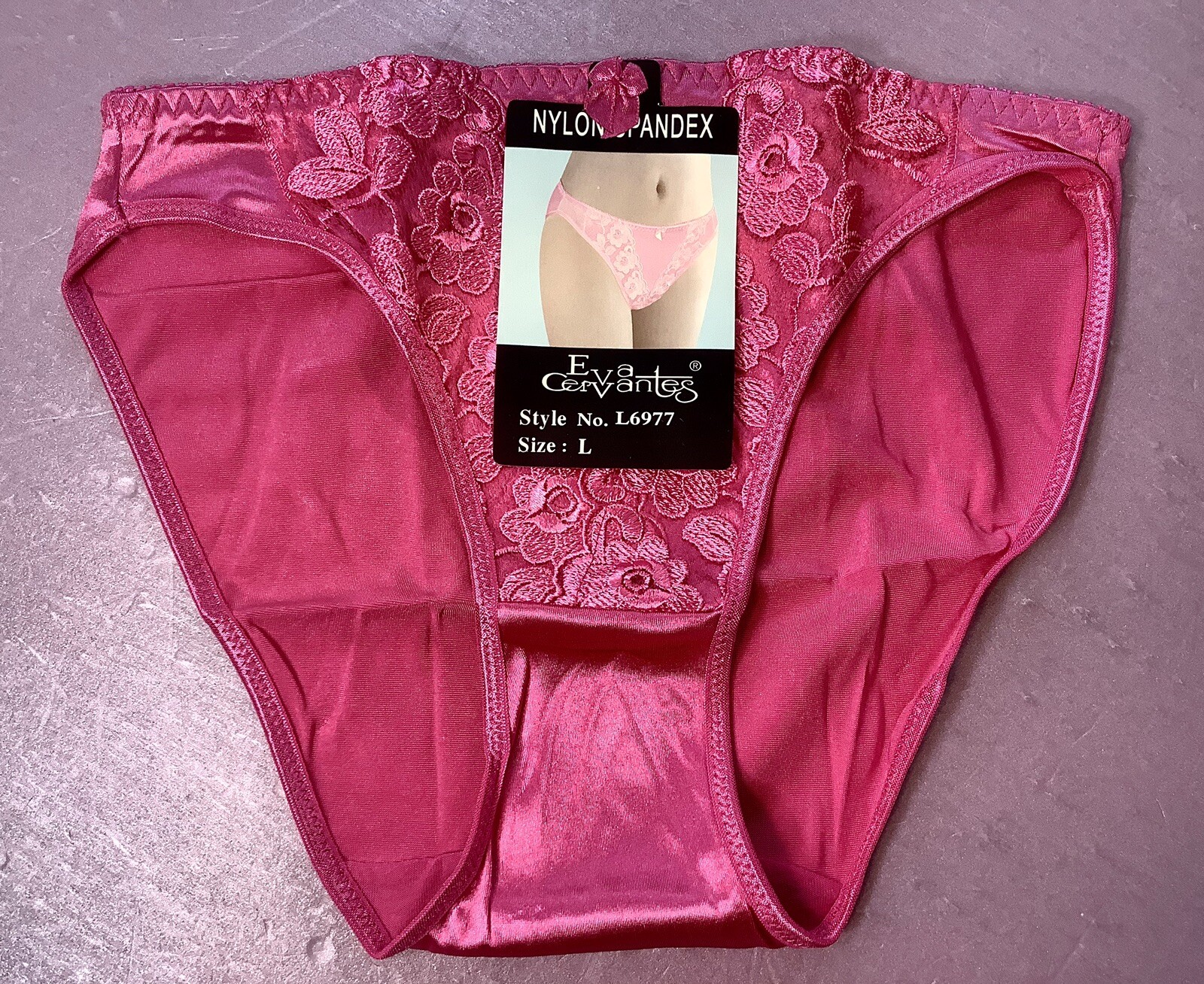 Women Panties,Bikinis”Eva Cervantes”Size L. Red Carmine Satin FloralW/decoration