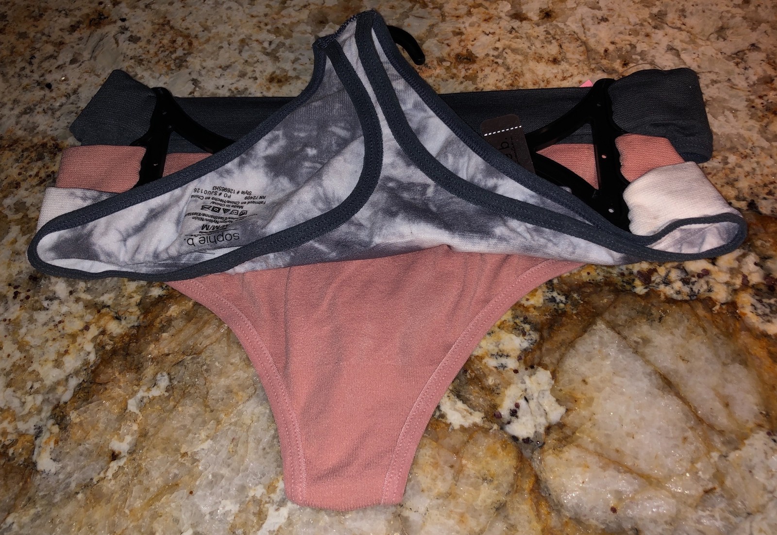 SOPHIE B 3 Pack Seamless Black Tie Dye Pink Grey Thong Panty NEW Womens M 6 L 7