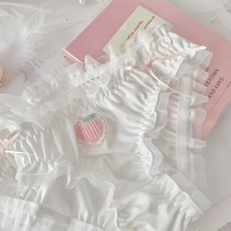 Strawberry Panties Women Satin Sweet Ruffle Briefs Cute Peach Kawaii Underwear