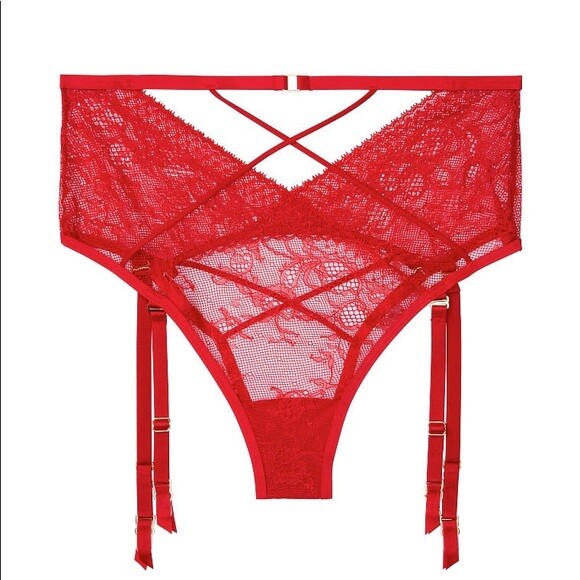 Victorias Secret Red Cheeky Panties With Garter Size L Luxe Lace High Waist NWT