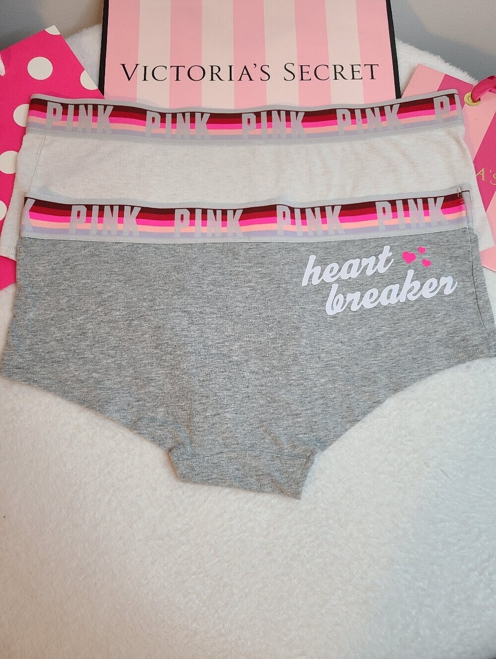 Retired VS PINK 2pk Classic Logo Band Cotton Boyshort Panties Size Lg