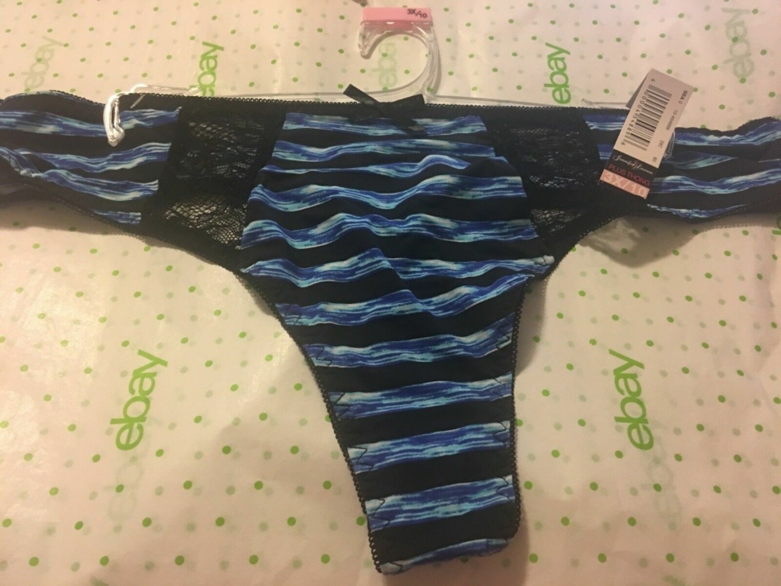 Jennifer Lauren Plus Size Thong Panty 3X 10 Blue Stripe Black w Lace
