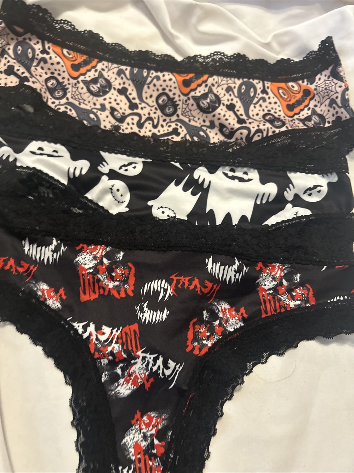 Morvia 3pk lace trim goth Skater Emo Goth panties M Blk Orange Ghost Cats Vamp