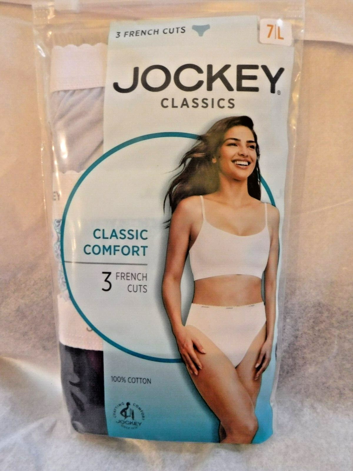 Jockey Classics 3 French Cuts white elastic waistband size 7 blue geometric mix