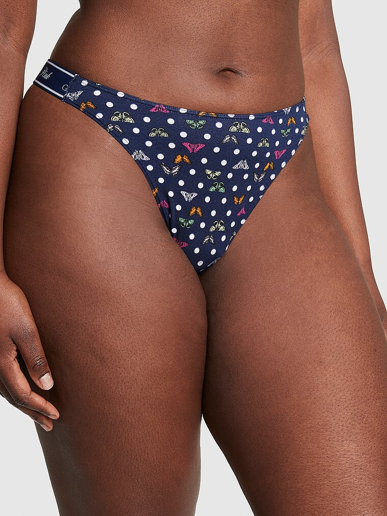 Victoria’s Secret PINK – S Logo Cotton High-Leg Thong Panty – Navy Butterfly Dot
