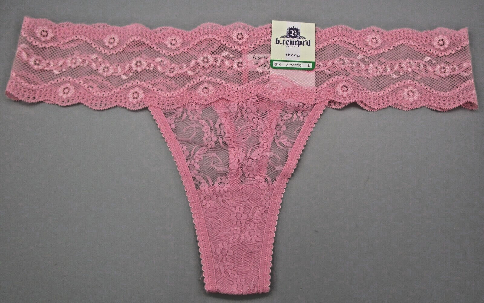 b. tempt’d Wacoal~L 7~970182~Sea Pink Floral Lace Kiss Thong Panty
