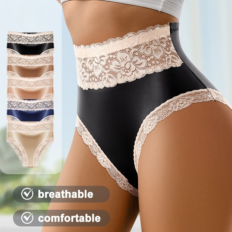 3 Pack High Waist Lace Shiny Panties – Tummy Control Butt Lift Breathable Bikini