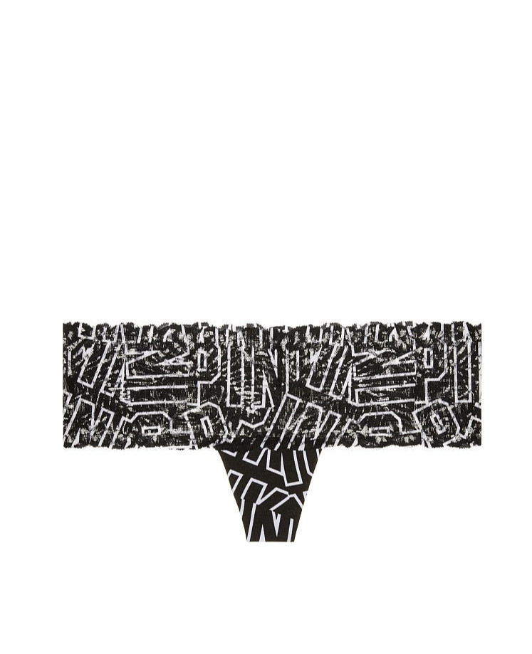 Victoria’s Secret PINK Wide Lace Waist Thong Panty Black White Print