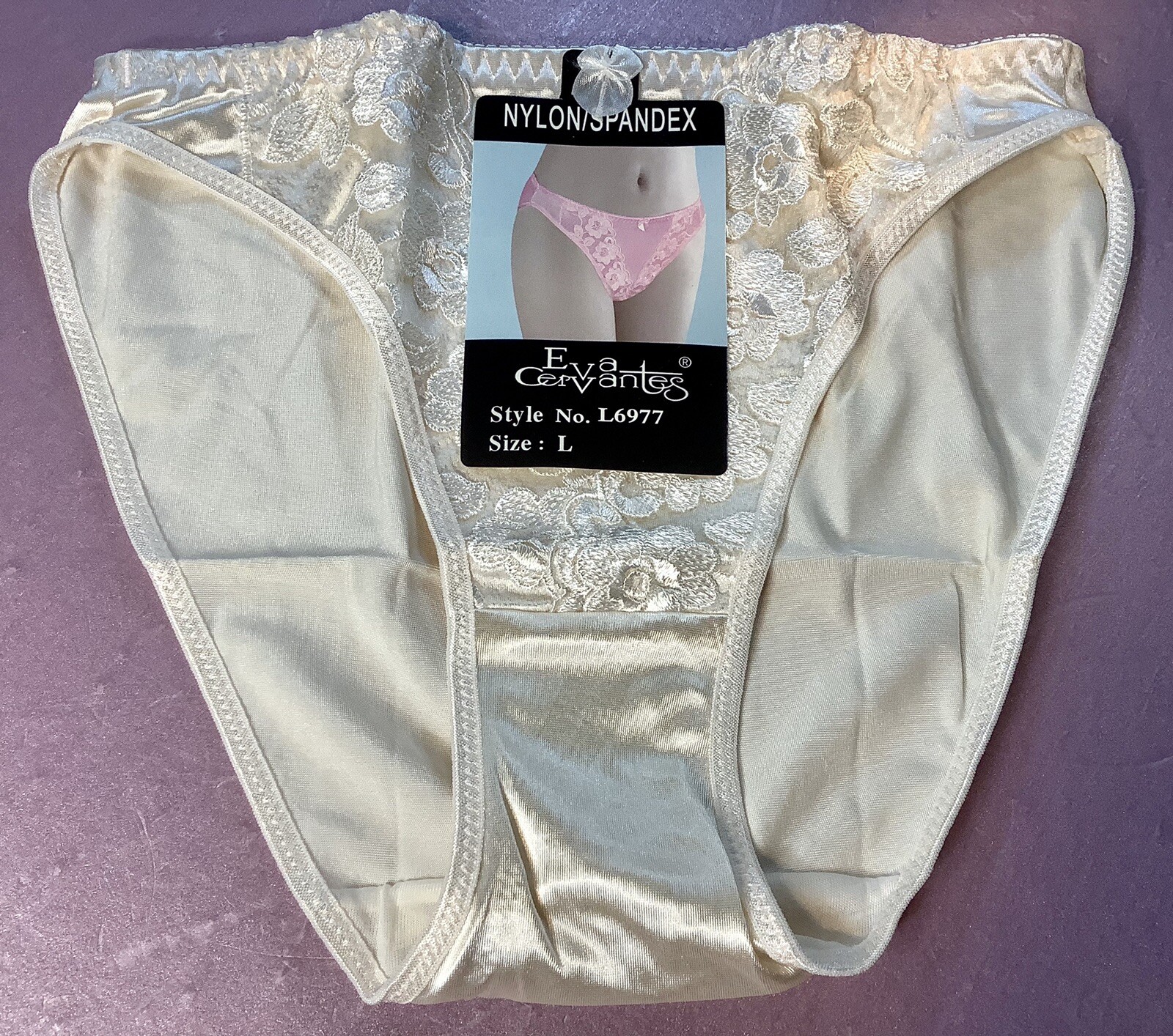 Women Panties,Bikinis “Eva Cervantes” Size L. Beige Satin Floral W/decoration