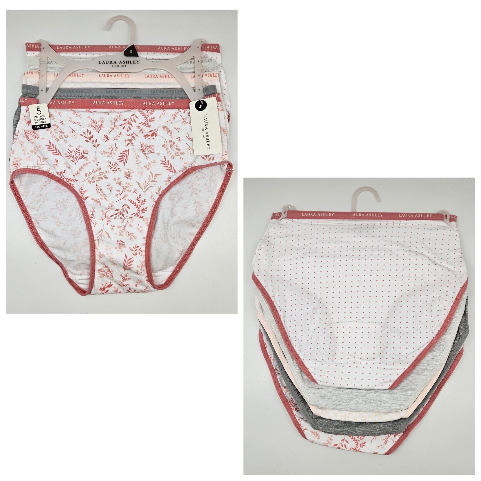 LAURA ASHLEY 5 Pack Women’s S M L XL Logo Cotton Panties White Pink Gray