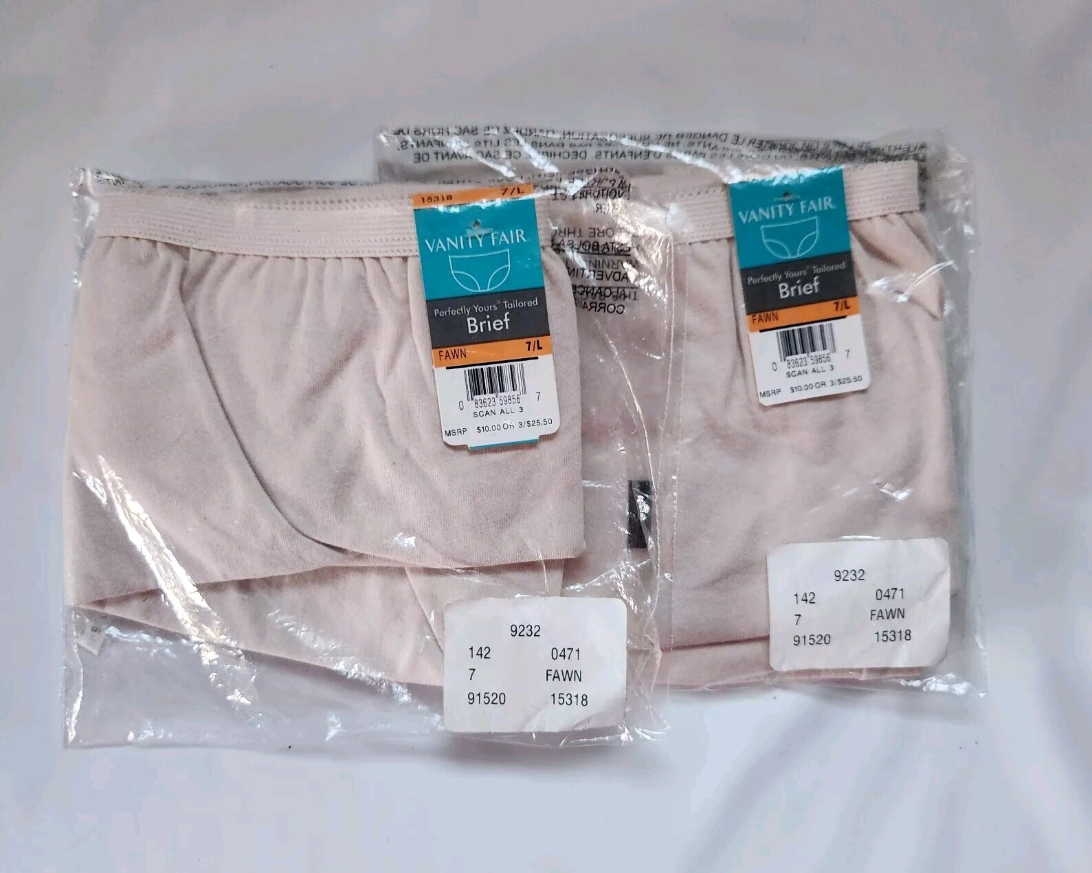 2 Vanity Fair Panties Perfectly Yours Briefs/Underwear 7/L Fawn/Tan 15318 NEW