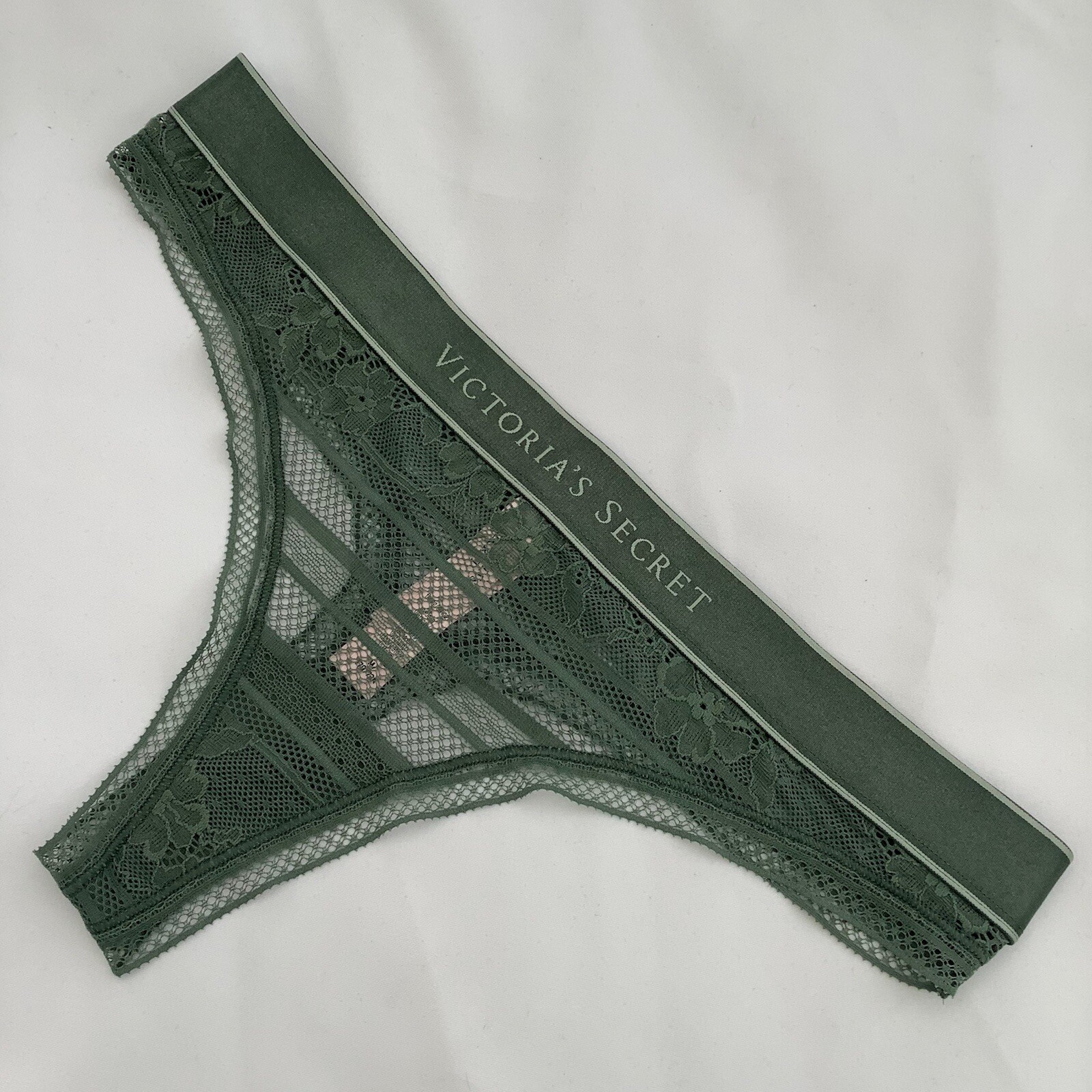 Victoria’s Secret Khaki Floral Lace Logo Waistband Thong Panties – Size L – BNWT
