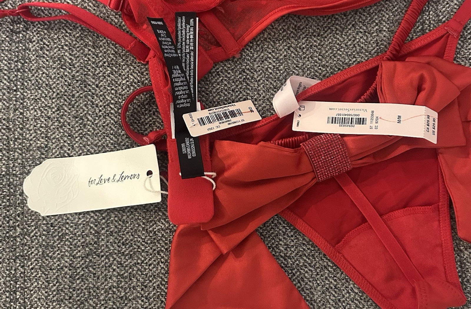 For Love & Lemons Red Lace Lingerie Set Bow Back Thong NWT Size M/CC 36D