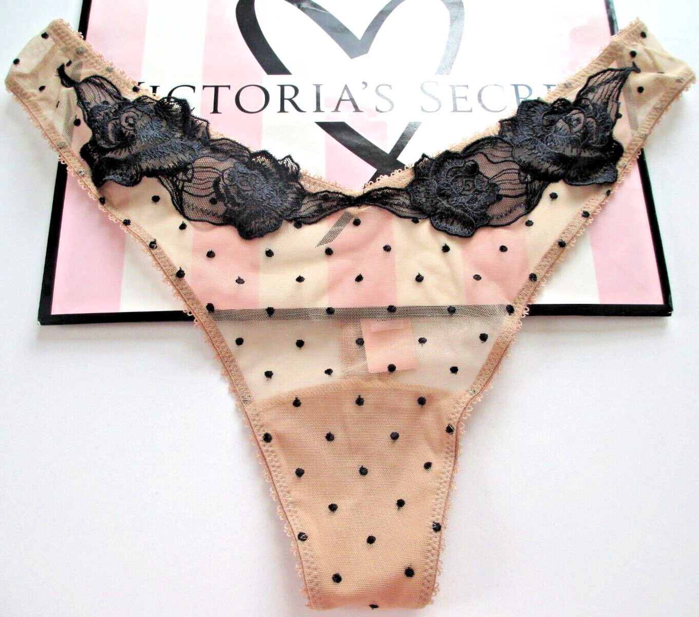 VICTORIA’S SECRET VERY SEXY High Leg Thong Panty VS Beige Black Mesh Dot M L XL