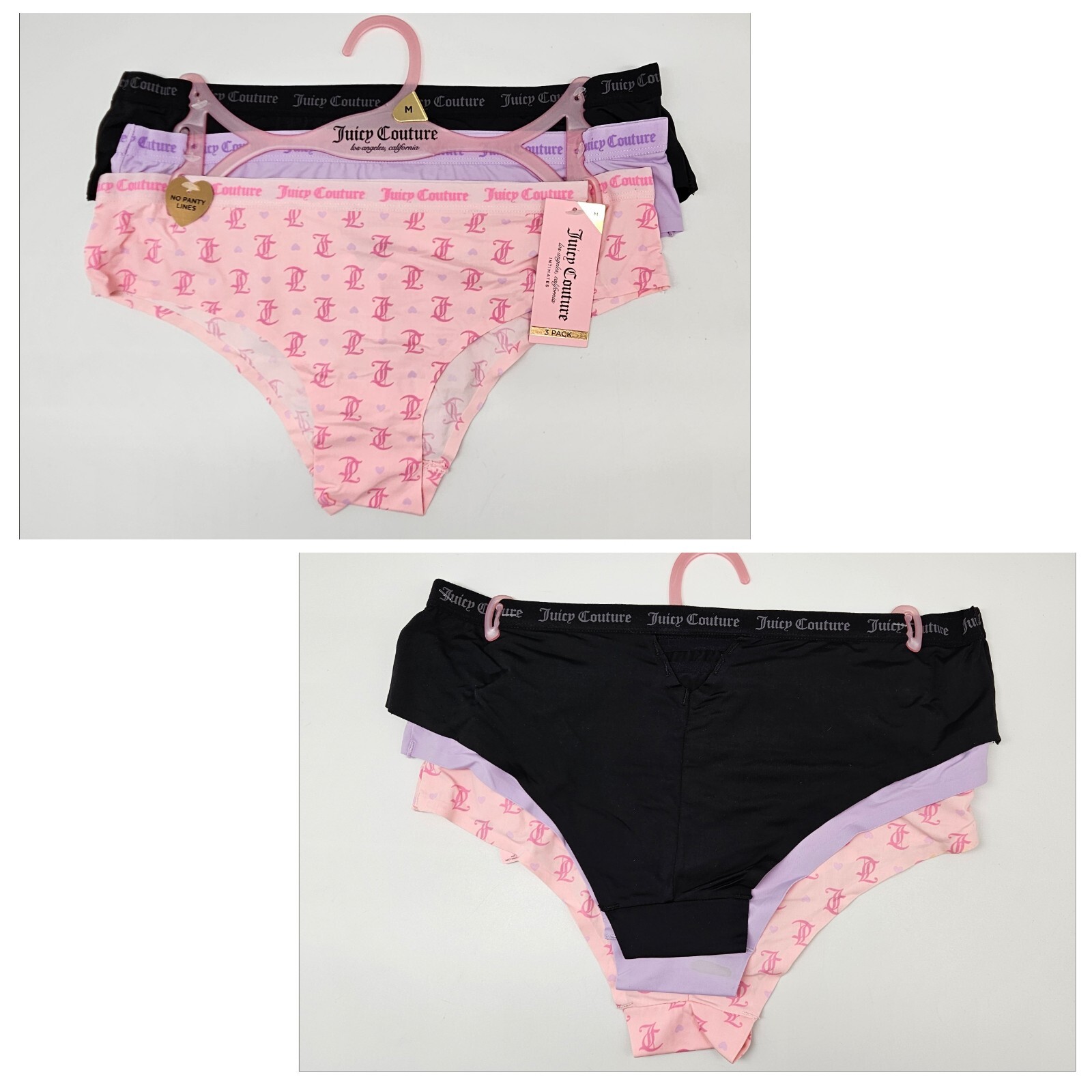 JUICY COUTURE 3 Pack Women M XL Logo No Lines Panties Black Purple Pink