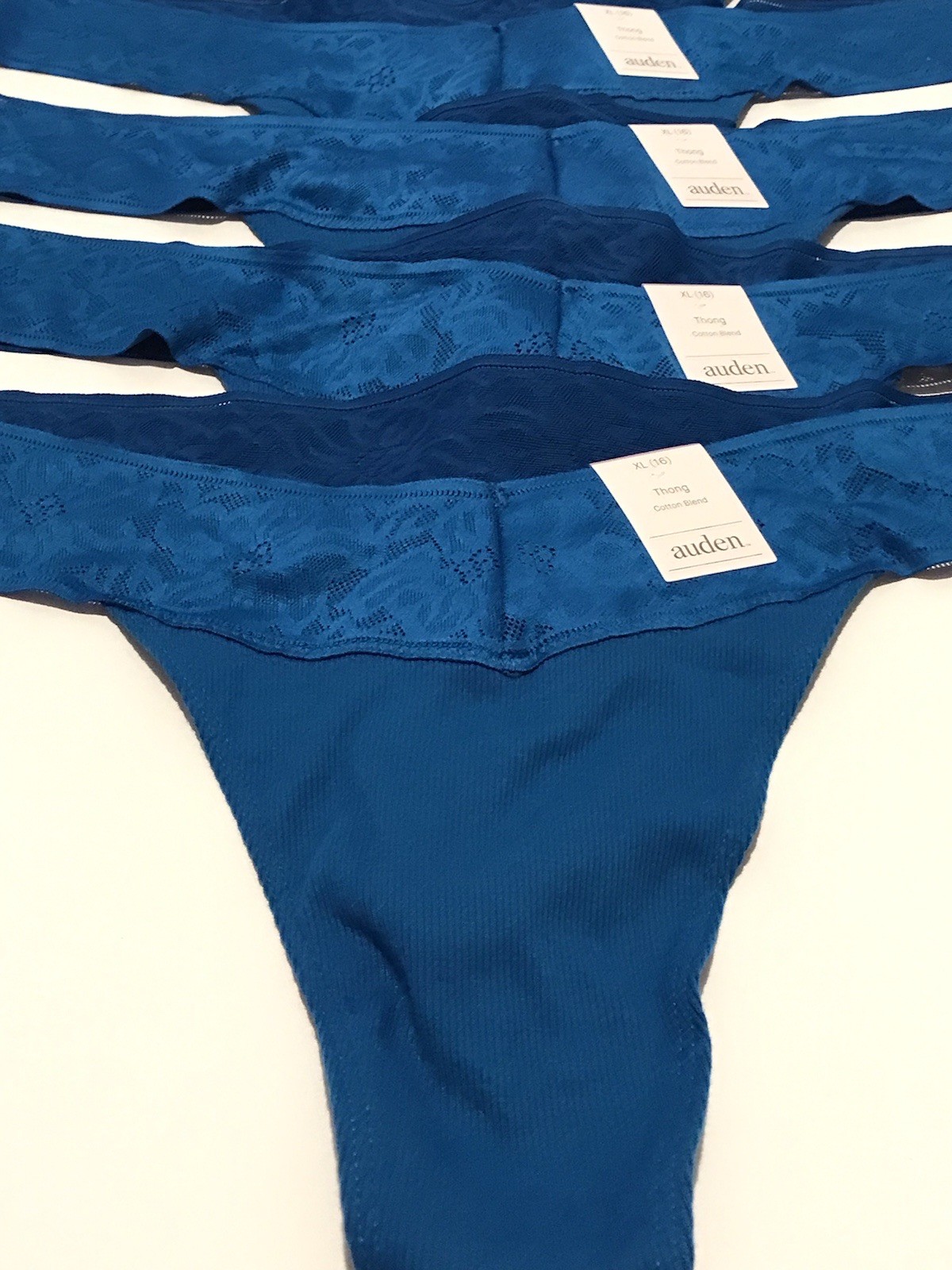Set of 6 AUDEN Cotton Blend Ribbed Thongs XL 16, Lace, Teal Blue