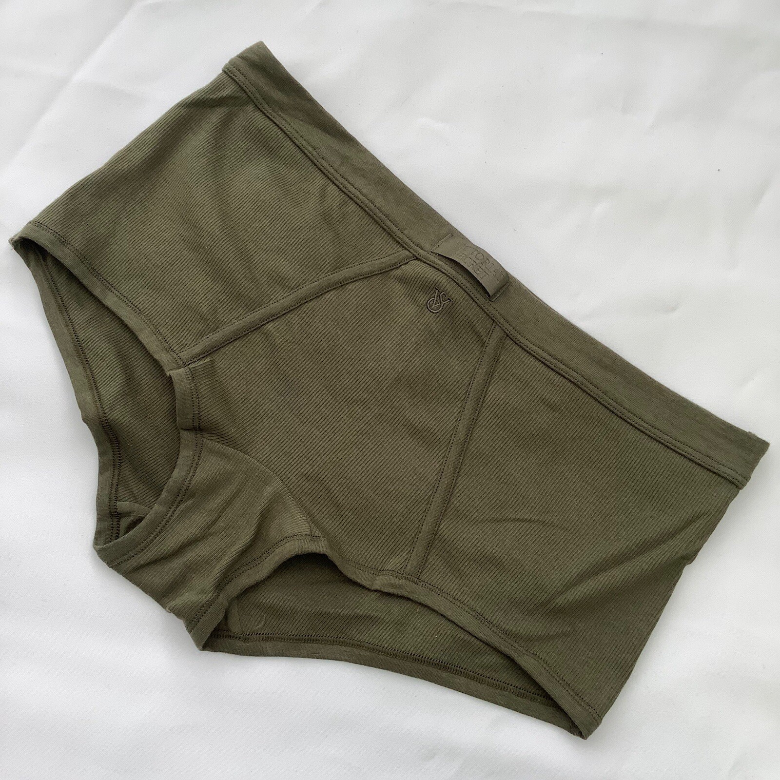 Victoria’s Secret Khaki Green Logo Ribbed Cotton Boy Shorts Panties Size L BNWT