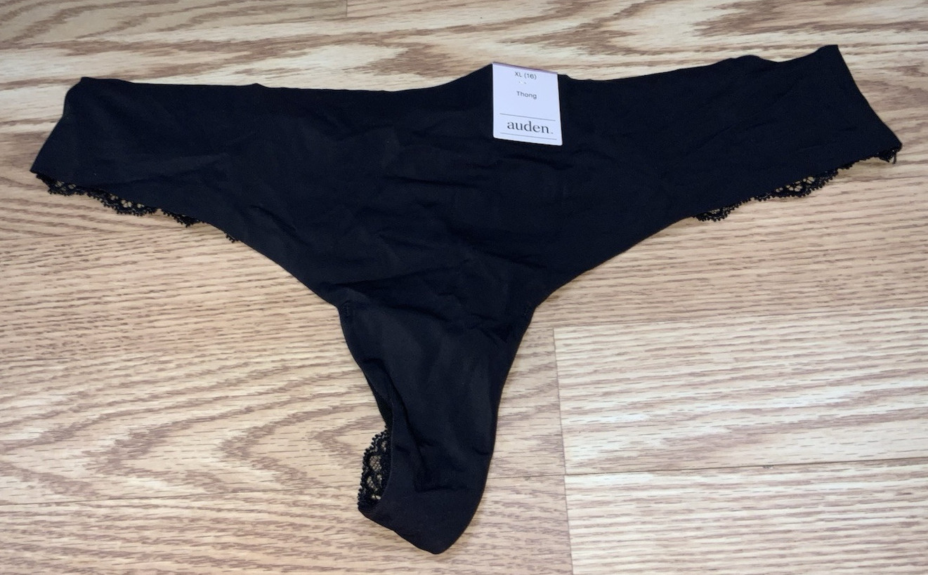 Auden Womens Black Lace Back Thong Seamless Front Size XL (16)
