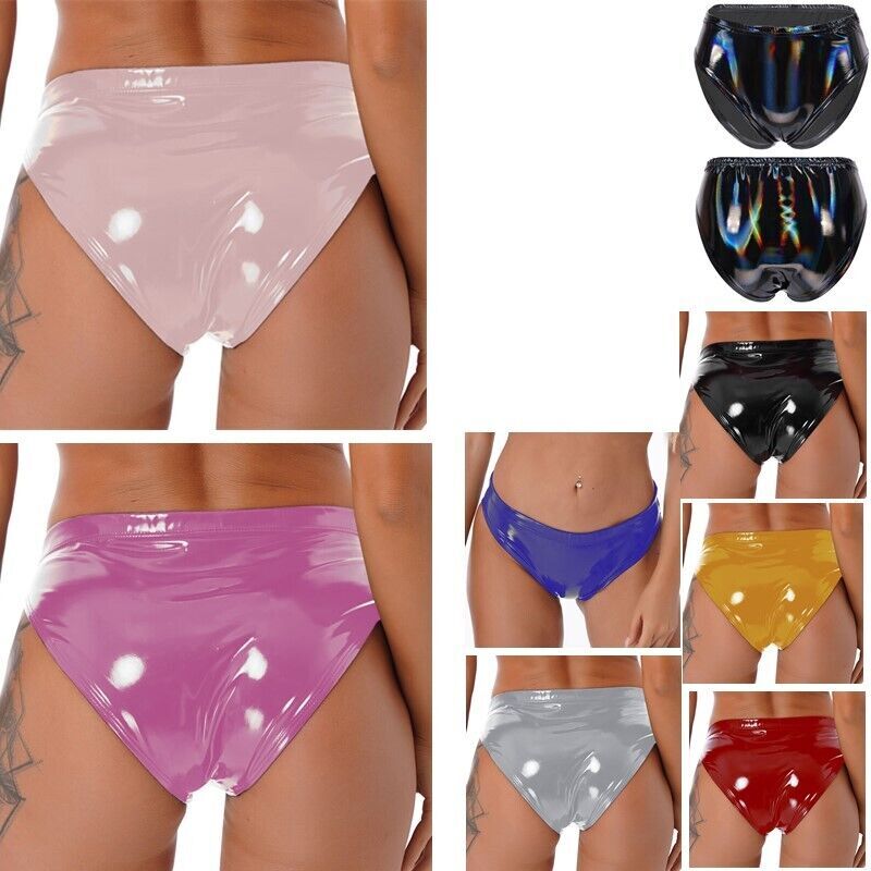 Women Briefs Wet Look Underwear Low Waist Panty Metallic Strings Cheeky