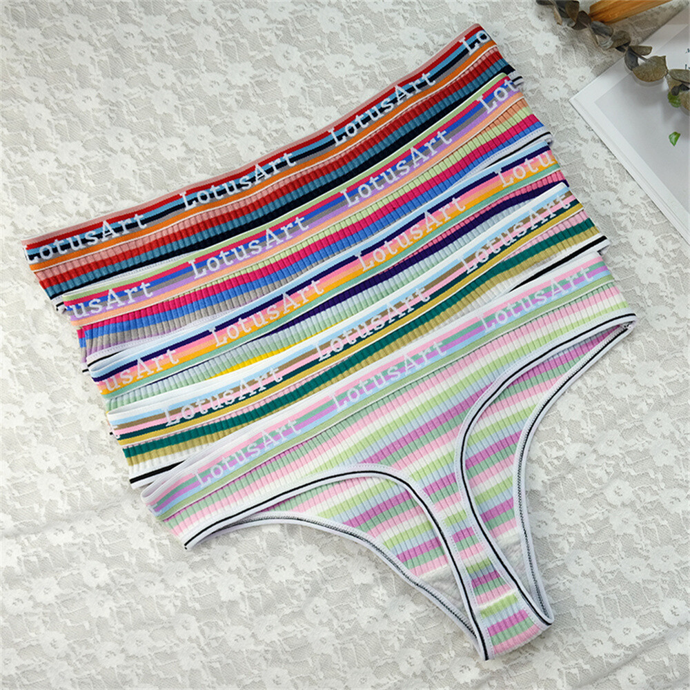 5PCS Women Sexy Rainbow Colorful Striped Cotton Panties Briefs Thongs Underwear