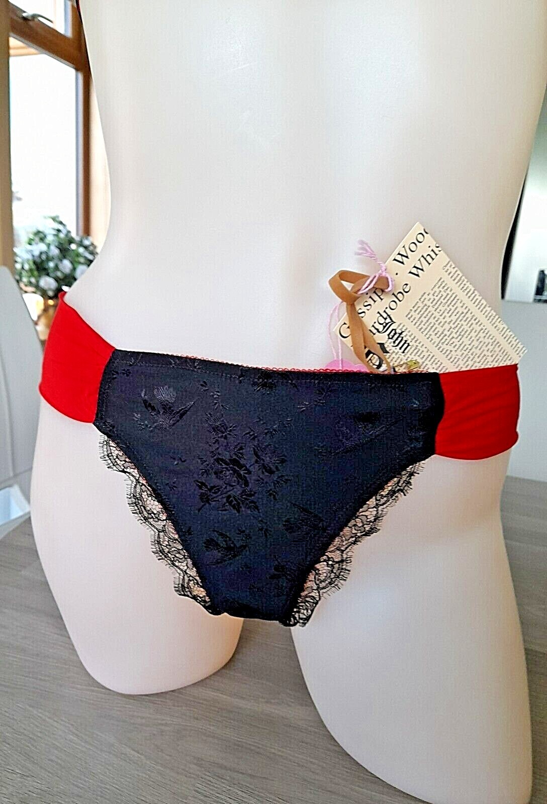 John Galliano BIJOUX Black/Red Silk/Lace High Leg Chiffon Banded Thong