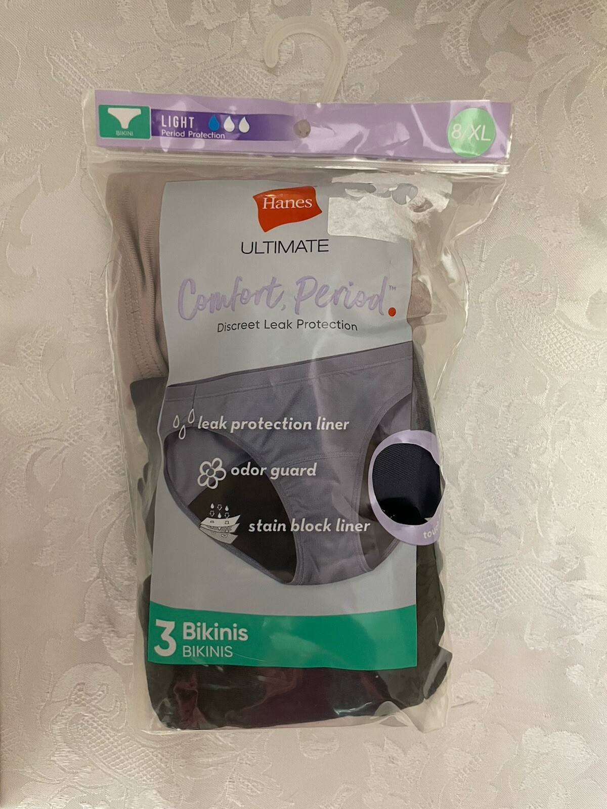 Hanes Ultimate BIKINIS Light Comfort Period Protection 3-Pack Panties Size 8/XL