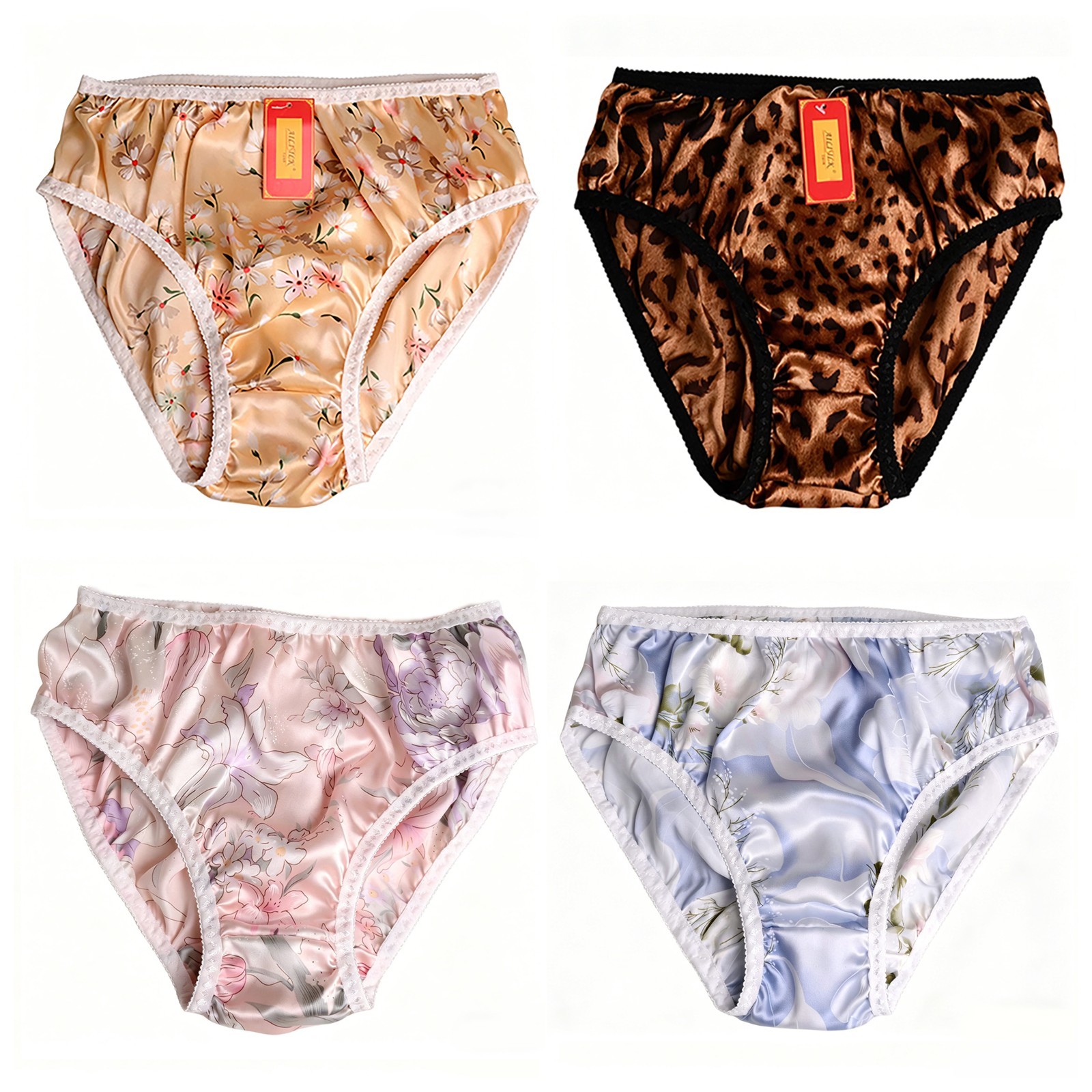 4pcs 100% Mulberry Silk High Waist Panties M fit waist 28″-31″ Print Silk Brief