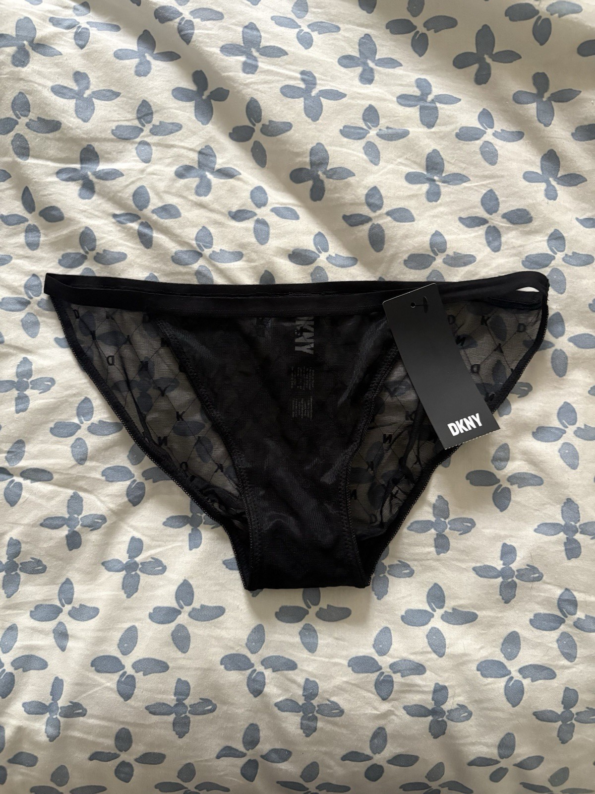 NWT’s DKNY Women’s Monogram Mesh Bikini Size Small Black Sheer Panties