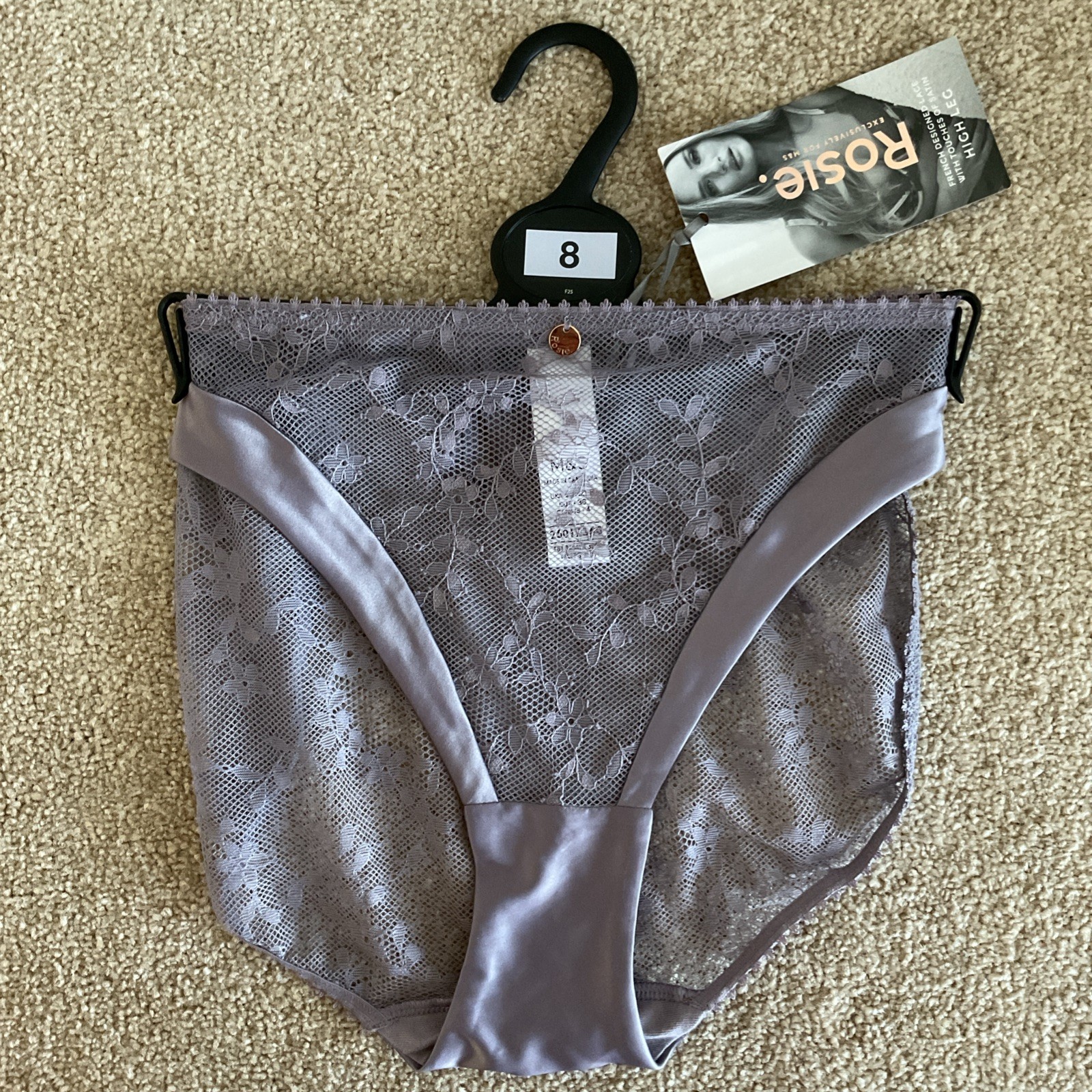 M&S Size 8 Rosie Rosa High Leg Knickers Lace With Touches Of Satin Violet Storm