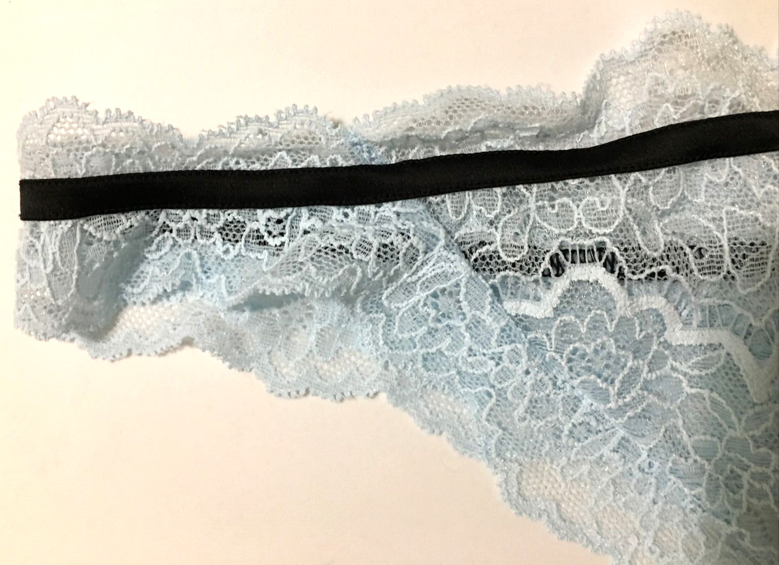 Victorias Secret Dream Angel Powder Blue Lace Thong Panty XL Black Ribbon Trim