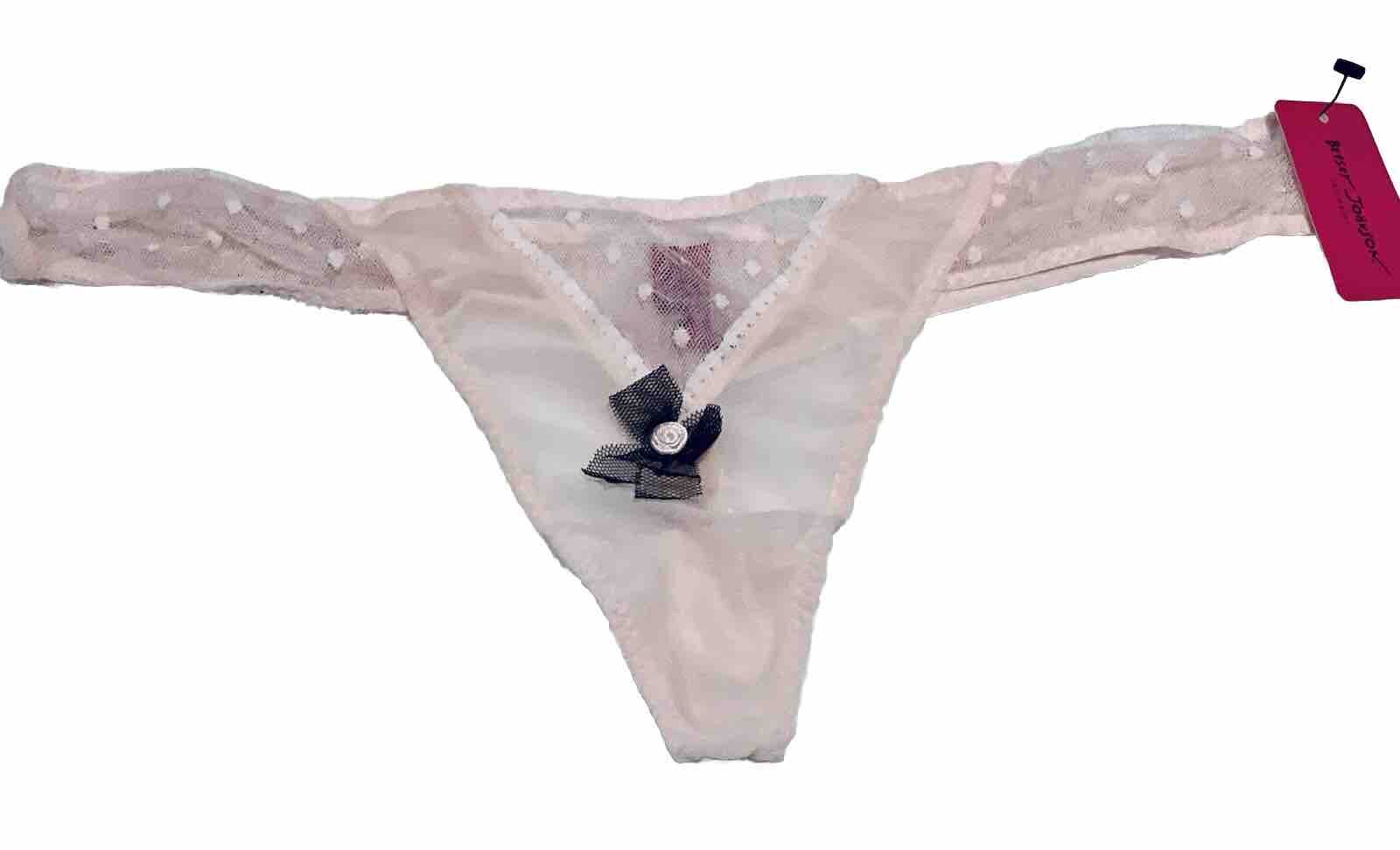 NWT Betsey Johnson RARE Vintage Baby Pink with Polka Dots Black Bow Thong Size L