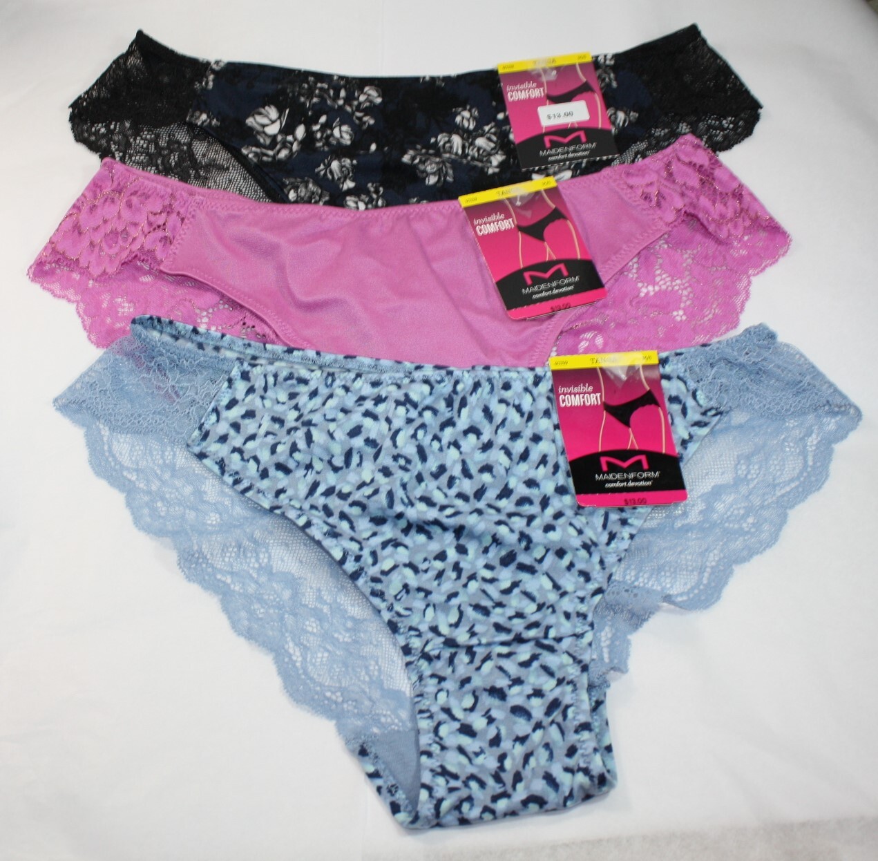 NWT set of 3 MAIDENFORM comfort devotion LACE TANGA BLUE FLORAL PINK solid M/6