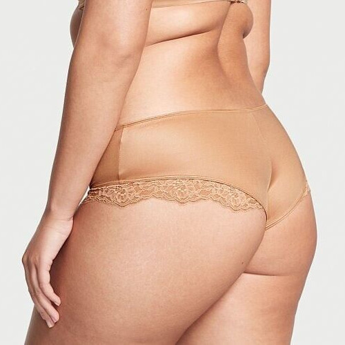 L Beige Tan Sand Satiny Micro Lace Inset Very Sexy Cheeky Victorias Secret Panty