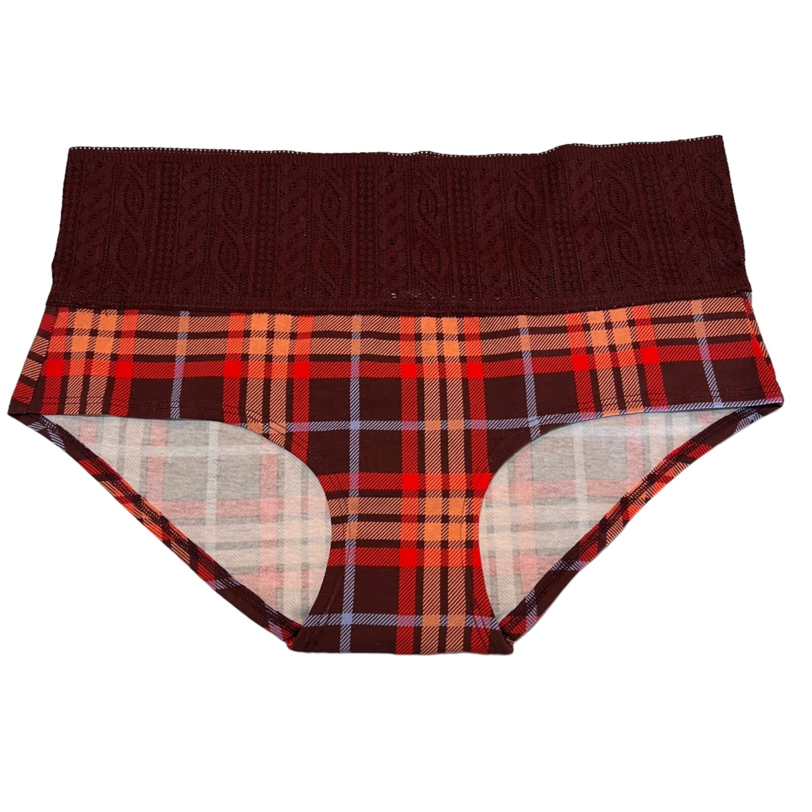 NWT AERIE Boybrief Pantie Sz M-L-XL Red Brown Cotton Jersey Cable Knit Lace
