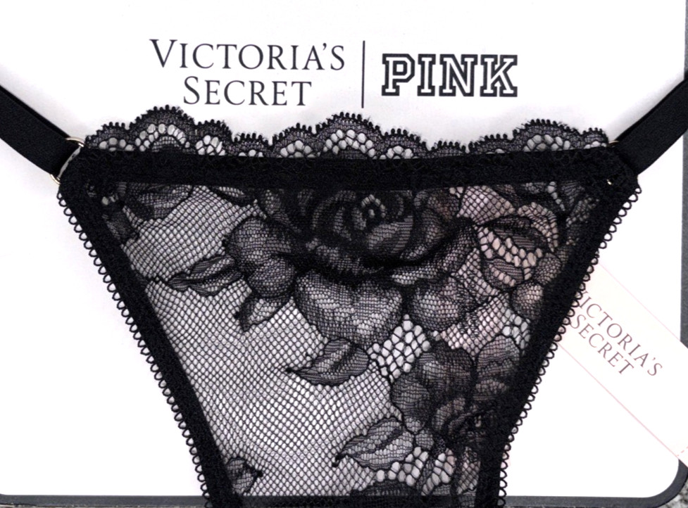 Victoria’s Secret Very Sexy NWT Small Black Rose Lace Adjustable V String Panty